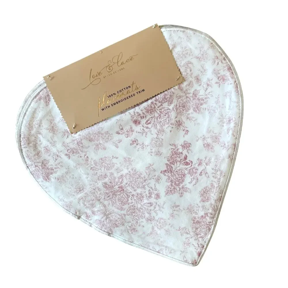 Love & Lace Heart Shaped Valentine Placemats 4pc 15in Cotton Pink Floral NEW
